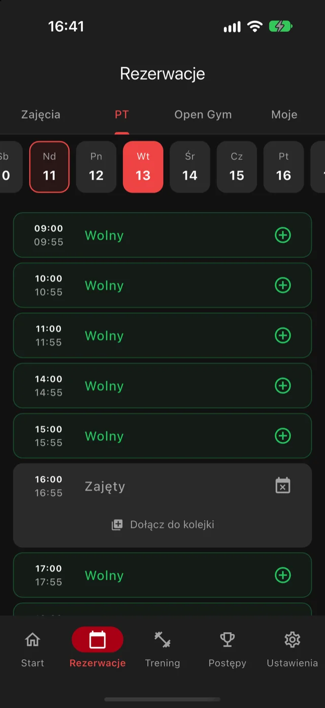 Aplikacja goLIFT: rezerwacja treningu, wolne terminy na wybrany dzień