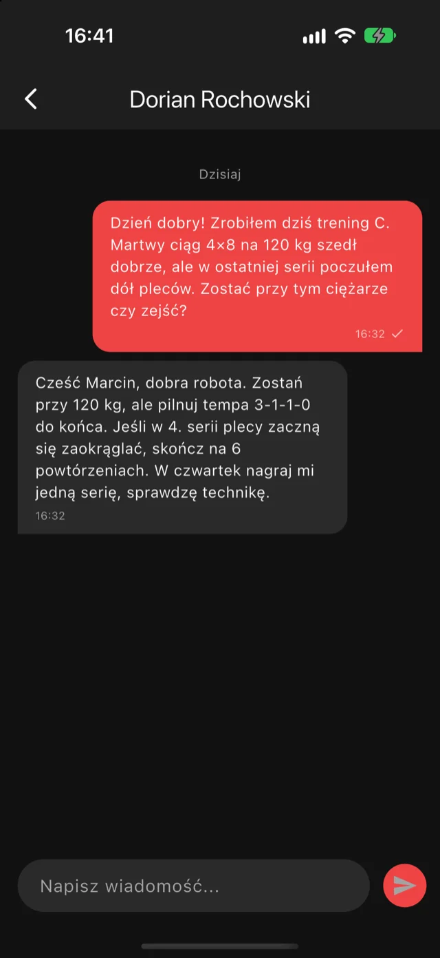 Aplikacja goLIFT: wiadomości z trenerem